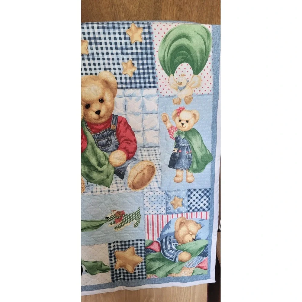 Vintage Teddy Bear Patchwork Quilted Baby Blanket Blue Gingham‎ Stars 34x44